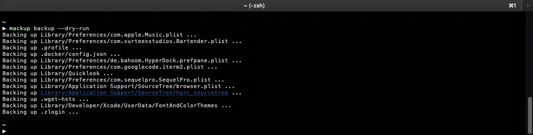   Sample terminal output showing a dry-run of Mackup.  